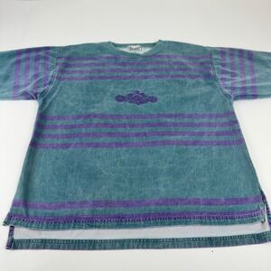 Vintage Riccardo Acid Wash Striped Long Sleeve T-Shirt XL Teal Purple 90s Cotton